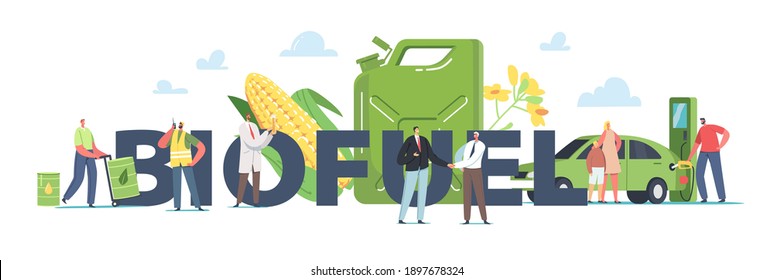 La Gente Utiliza El Concepto De Biocombustible. Científico crea combustible de materiales naturales y plantas, personajes llenando automóviles en la estación, trabajadores con carteles de afiches de barriles verdes. Ilustración del vector de dibujos animados