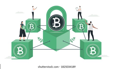 People use blockchain to make database together. This technology can keep secret of datas. E-payment concept. This infographic banner was designed by using vintage green color.