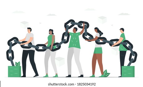 People use blockchain to make database together. This technology can keep secret of datas. E-payment concept. This infographic banner was designed by using vintage green color.