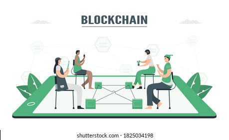 People use blockchain to make database together. This technology can keep secret of datas. E-payment concept. This infographic banner was designed by using vintage green color.