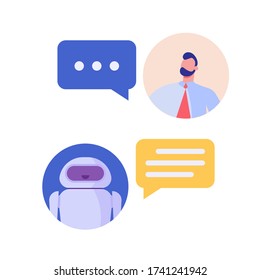 La gente usa los servicios de chat bot. Concepto de desarrollo empresarial, asistente virtual, aumento de ventas, servicio de ayuda, robot de servicio al cliente. Ilustración vectorial en diseño plano