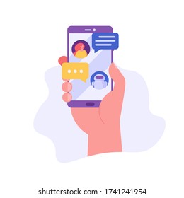 People use chat bot services, hand holds phone with virtual assistant. Concept of business development, sales increase, help service, customer service robot. Vector illustration in flat design