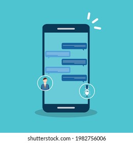 People use chat bot services, smart phone with virtual assistant. Concept of business development, sales increase, help service, customer service robot. Vector illustration