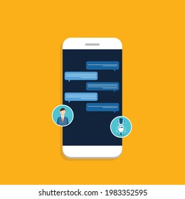 La gente usa servicios de chat bot, smartphone con asistente virtual. Concepto de desarrollo de negocio, aumento de ventas, servicio de ayuda, robot de servicio al cliente. Ilustración del vector