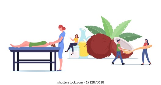 People Use Coconut Oil Concept. Tiny Male and Female Characters Cooking, Visiting Spa Salon for Massage and Applying Body Care Procedures. Natural Ingredient. Cartoon People Vector Illustration