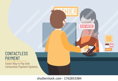 Las personas utilizan sistemas de pago sin contacto en lugar de efectivo, vectores, ilustración