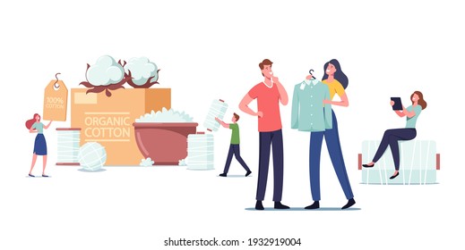 People Use Cotton Fiber for Producing Ecological Clothes, Organic Production of Natural Material. Tiny Male and Female Characters at Huge Flowers and Thread Spools. Cartoon Vector Illustration