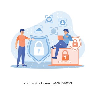 Menschen nutzen Cyber-Sicherheitsdienste auf Notebooks. Speichern und schützen Sie Ihre persönlichen Daten. ​​Sicherheitskonzept. Flache Vektorillustration.
