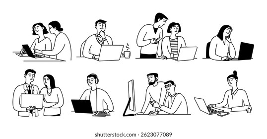 People use devices, work on laptop, computer and monitor, businessmen discuss project. Vector set isolated doodle illustration