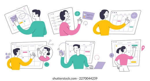 Las personas utilizan calendario digital, administran planes, tareas y citas, programación semanal, calendario de sincronización en múltiples dispositivos, envían invitaciones, comparten tareas y hacen listas, aplicación de agenda, ilustración vectorial plana