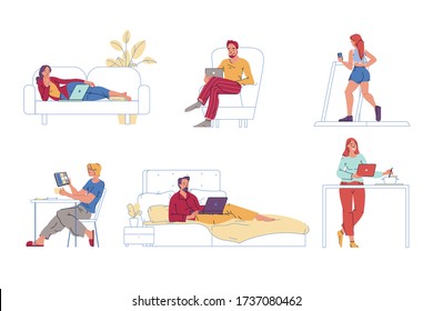 People use digital gadget. Man woman rest, do sport, work, cook, watch video on laptop, mobile tablet, phone at home. Wireless connection, technology globalization, reach ability. Internet surfing