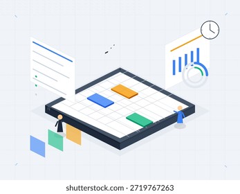 Las Personas utilizan herramientas digitales para la gestión de proyectos en un diseño de cuadrícula con gráficos, gráficos y seguimiento del tiempo. La escena muestra varios Elementos para la planificación y organización.