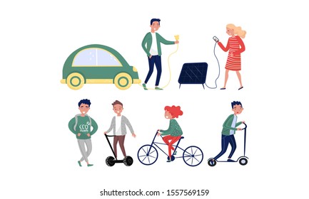 People Use Eco-friendly Transport And Alternative Energy Sources Vector Illustration Set Isolated On White Background