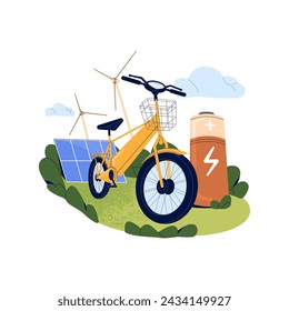 La gente usa la bicicleta eléctrica. Bicicleta híbrida ecológica limpia. Vehículo urbano sostenible, transporte. Carga de batería con energía solar, verde. Concepto de ecología. Ilustración vectorial aislada plana en blanco