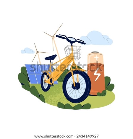 People use electric bicycle. Ecologic clean hybrid bike. Sustainable city vehicle, transport. Battery charge with solar, green energy. Ecology concept. Flat isolated vector illustration on white