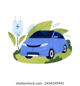 People use electric car. Ecologic clean automobile. Auto on alternative energy. Sustainable city vehicle, transport with charge plug. Ecology concept. Flat isolated vector illustration on white