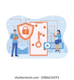 People use electronic devices to store data. Protect data security and privacy on the internet. Data protection concept. Flat vector illustration.