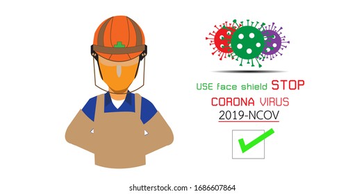 People Use face shield stop corona virus.Covid-19 Coronavirus concept inscription typography design logo.Vector Illustration EPS 10.