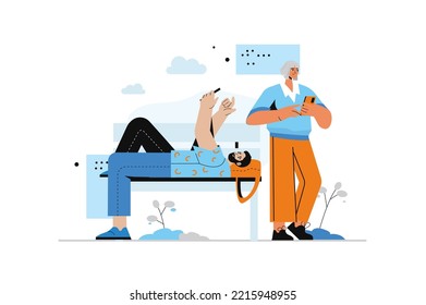 People use gadgets concept with human scene in flat style. Man and woman using smartphones, scrolling feeds, networking and online communicate. Vector illustration with character design for web