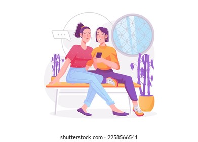 People use gadgets concept with people scene. Happy women talking in meeting, discussing and watching digital content in mobile phone. Vector illustration with character in modern flat design for web