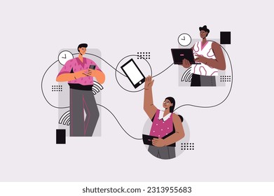 La gente usa el concepto de gadgets con la escena de la gente en el diseño de caricaturas planas. Imágenes de personas usando diferentes gadgets para diferentes propósitos. Ilustración vectorial.