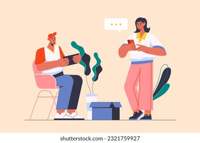 People use gadgets concept with people scene in the flat cartoon design. Young people use gadgets for work. Vector illustration.