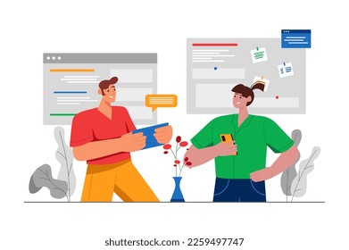 People use gadgets gray concept with people scene in the flat cartoon design. Boy and girl use digital gadgets for communicating with world. Vector illustration.