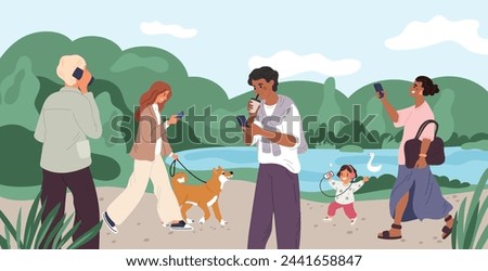 People use gadgets in park. Men and women walking with phones. Persons communication. Girl shooting videos and reading online messages. Guy listening to music. Garish