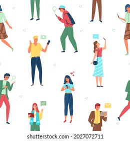 Die Leute benutzen Gadgets nahtloses Muster. Männer und Frauen mit Smartphones und Tablets, Jahrtausende mit mobilen Geräten. Deko-Textilien, Tapete-Tapete, Vektorgrafik-Textur