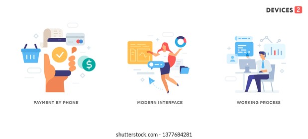 People use gadgets. set of icons, illustration. Smartphones tablets user interface social media.Flat illustration Icons infographics. Landing page site print poster. Eps vector.