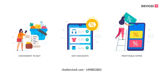 People use gadgets. set of icons, illustration. Smartphones tablets user interface online shopping.Flat illustration Icons infographics. Landing page site print poster. Eps vector.