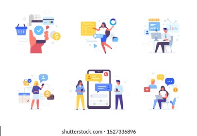 People use gadgets. set of icons, illustration. Smartphones tablets user interface social media.Flat illustration Icons infographics. Landing page site print poster. Eps vector.