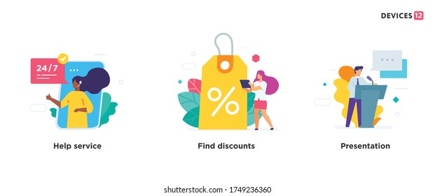People use gadgets. set of icons, illustration. Smartphones tablets user interface online shopping.Flat illustration Icons infographics. Landing page site print poster. Eps vector.