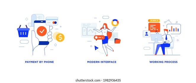 People use gadgets. set of icons, illustration. Smartphones tablets user interface social media.Flat illustration Icons infographics. Landing page site print poster.