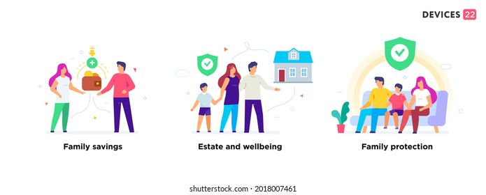 La gente usa gadgets. conjunto de iconos, ilustración. Protección familiar, inversión, bienes raíces, vivienda. Ilustración plana Infografías de iconos. Afiche de impresión del sitio de aterrizaje.
