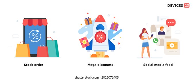 People use gadgets. set of icons, illustration. Smartphones tablets user interface social media.Flat illustration Icons infographics. Landing page site print poster.