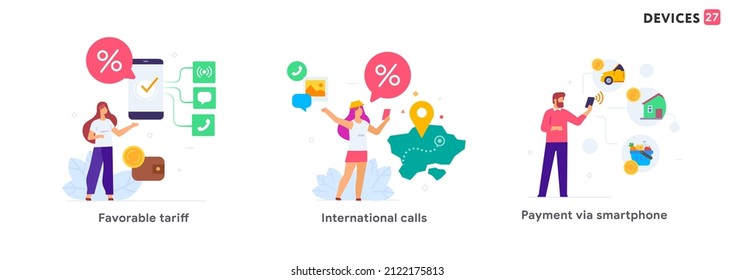 People use gadgets. set of icons, illustration. Smartphones tablets user interface online shopping.Flat illustration Icons infographics. Landing page site print poster.