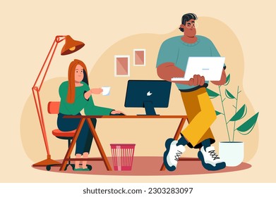 People use gadgets yellow concept with people scene in the flat cartoon style. Employees use computers and laptops to fully work in the office. Vector illustration.