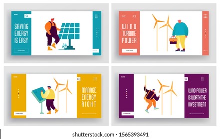 People Use Green Energy Website Landing Page Set. Clean Electricity from Renewable Sources Sun and Wind. Solar Panels Wind, Turbines Electric Station Web Page Banner. Cartoon Flat Vector Illustration