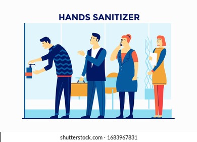 People use hands sanitizer at office building to coronavirus prevention