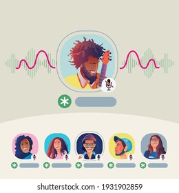 People use headphones listens to a smartphone, screen show status of people using social networking applications, Club, house Drop in Audio, learning or meeting online, Vector illustration, Flat