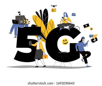 La gente usa Internet de alta velocidad por gadgets. Tecnología inalámbrica de red 5G. Concepto con caracteres pequeños cerca del signo 5G grande. Ilustración de estilo vectorial de caricatura plana. 