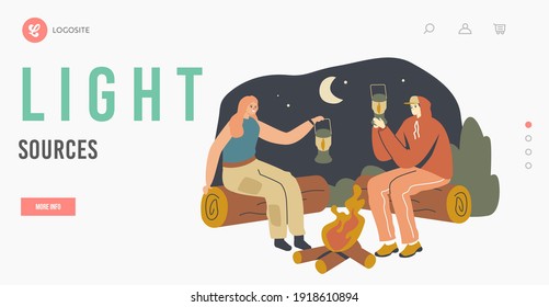 People Use Illumination, Source of Lighting Landing Page Template. Characters Sitting at Campfire at Night Holding Lanterns with Fire inside. Campers Recreation, Leisure. Cartoon Vector Illustration