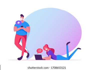 People Use Internet Services and Gadgets, Smart Technologies during Covid19 Pandemic. Characters in Medical Masks with Mobile and Laptop Chatting Texting in Social Media. Cartoon Vector Illustration