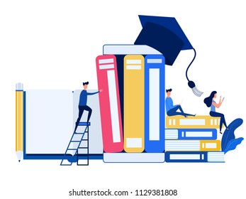 People use laptop, smartphone to learn e-learning online education. Education and knowledge online training courses, specialization concept. Cartoon Vector Illustration.