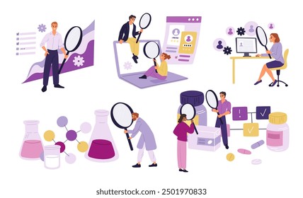 People use magnifying glass. Businessmen with magnifiers. Scientists research. Programmers search. Women looking and magnify subjects. Men study texts and components