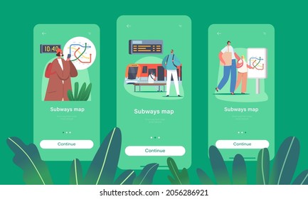 People Use Map in Metro Mobile App Page Onboard Screen Template. Characters at Subway Station with Train, Escalator, Map, Clock and Digital Display, City Commuter Concept. People Vector Illustration