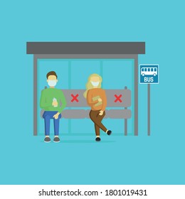 people use masks and sosial distancing for safe travel during the corona virus at the bus stop, travel safely, use a mask to avoid the corona virus.suitable for travel banners, education banners.