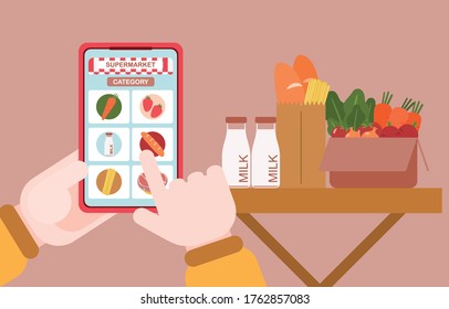 Menschen nutzen mobile Anwendungen, um tägliche Lebensmittel aus Online-Shopping-Anwendungen mit Lieferservice, Vektorgrafik, Illustration zu kaufen