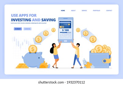 people use mobile apps to saving and investing money in 4.0 cashless society. vector illustration concept can be use for landing page, template, ui ux, web, mobile app, poster, banner, website, flyer